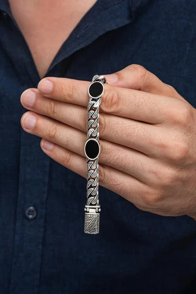 Siyah Oniks Taşlı Gurmet 925 Ayar Gümüş Erkek Bileklik - 3