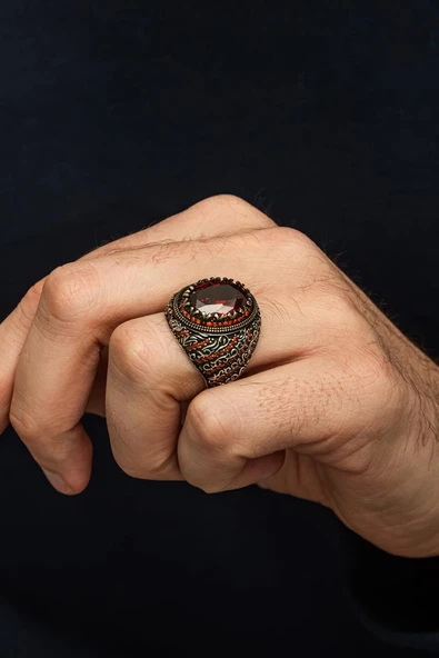 Oval Kırmızı Taşlı 925 Erkek Gümüş Yüzük - Resim 3