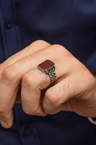 Kare Akik Taşlı Kazaz Örgü Motif 925 Gümüş Erkek Yüzük - Resim 4