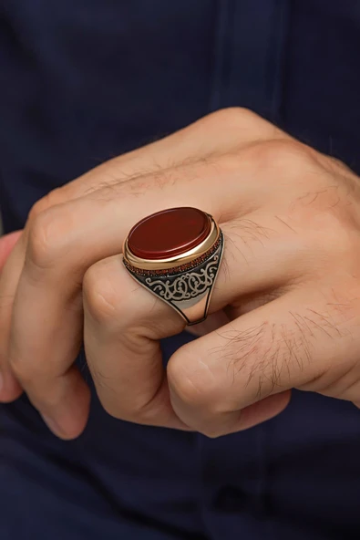 Oval Akik Taşlı 925 Erkek Gümüş Yüzük - 1