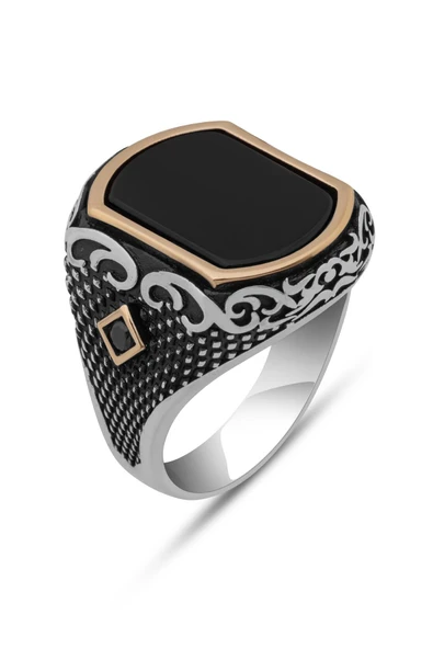 Siyah Oniks Taşlı 925 Erkek Gümüş Yüzük - Resim 2