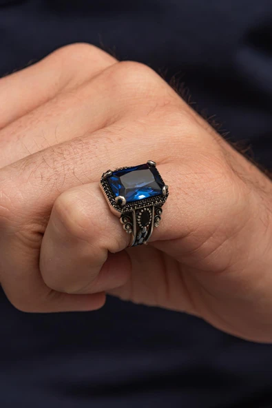 Serçe Parmak Lacivert Taşlı 925 Erkek Gümüş Yüzük ürün görseli