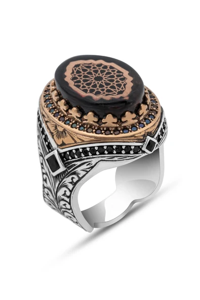 Oval Sıkma Kehribar Taşlı 925 Erkek Gümüş Yüzük - Resim 2