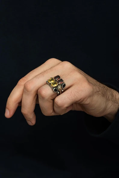 Sarı Kırmızı  Taşlı Aslan Başı Motifli 925 Erkek Gümüş Yüzük - Resim 4