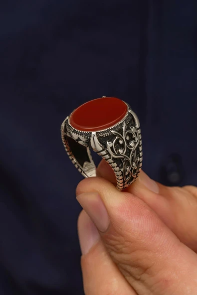 Oval Akik Taşlı  925 Gümüş Erkek Yüzük - Resim 4