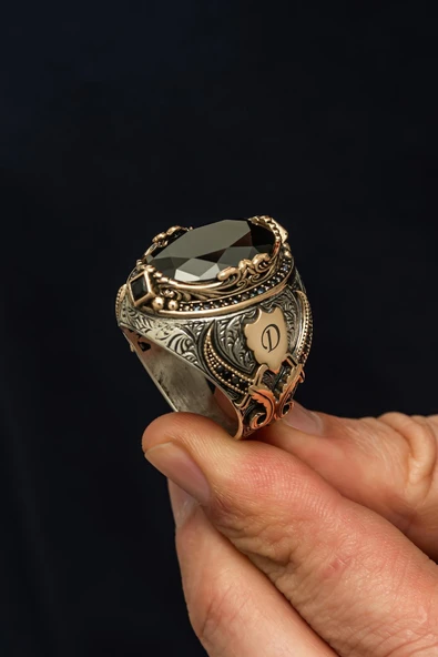 Siyah Taşlı Harfli 925 Erkek Gümüş Yüzük - Resim 3