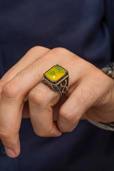 Sarı  Paraiba Taşlı  925 Gümüş Erkek Yüzük ürün görseli