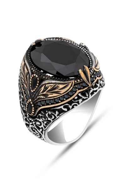 Oval Siyah Taşlı Yaprak Desen 925 Erkek Gümüş Yüzük - Resim 2