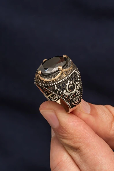 Ayyıldız Desenli SiyahTaşlı 925 Erkek Gümüş Yüzük - Resim 3