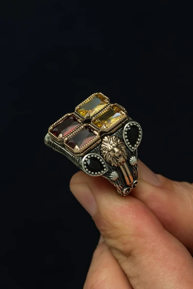 Sarı Kırmızı  Taşlı Aslan Başı Motifli 925 Erkek Gümüş Yüzük - Resim 8