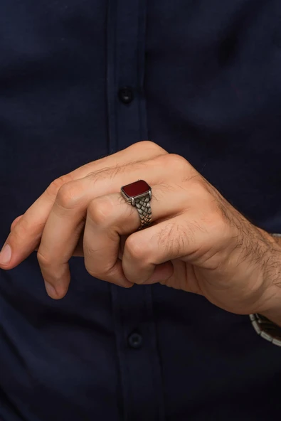 Kare Akik Taşlı Kazaz Örgü Motif 925 Gümüş Erkek Yüzük - Resim 3