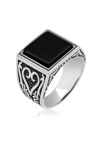 Siyah Oniks Taşlı 925 Gümüş Erkek Yüzük - Resim 2