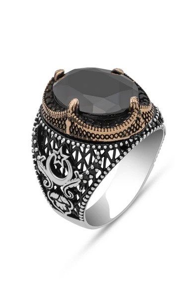 Ayyıldız Desenli SiyahTaşlı 925 Erkek Gümüş Yüzük - Resim 2