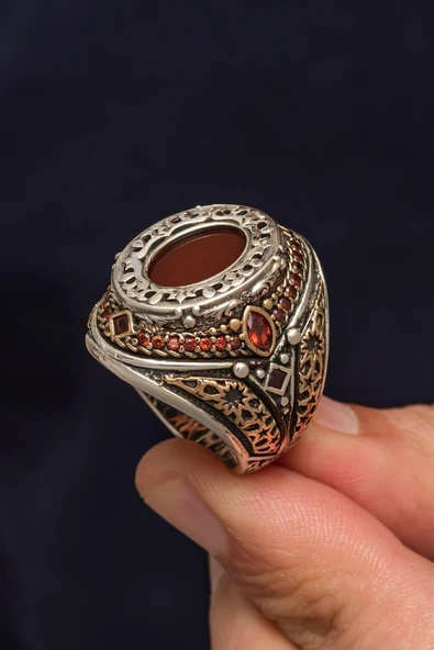 Oval Akik Taşlı 925 Erkek Gümüş Yüzük - Resim 4