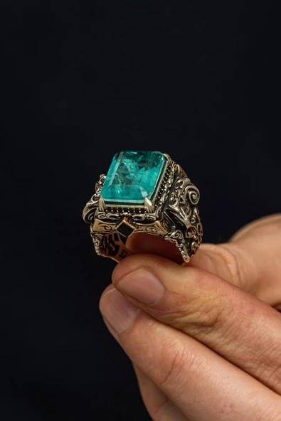 İslam Usta Koleksiyonundan Mavi Taşlı 925 Erkek Gümüş Yüzük - Resim 3