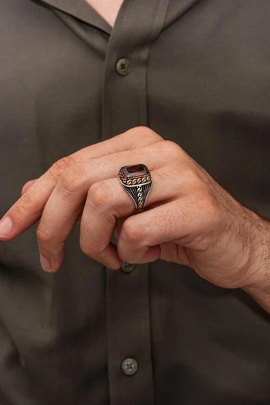 Kırmızı Kare Zirkon Taşlı 925 Erkek Gümüş Yüzük - Resim 3