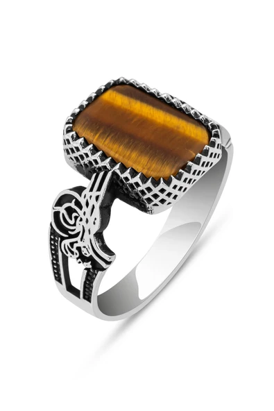 Tuğra Motifli Kaplan Gözü Taşlı 925 Gümüş Erkek Yüzük - Resim 2