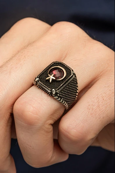 Ayyıldız Desenli Kırmızı Taşlı 925 Erkek Gümüş Yüzük - Resim 2