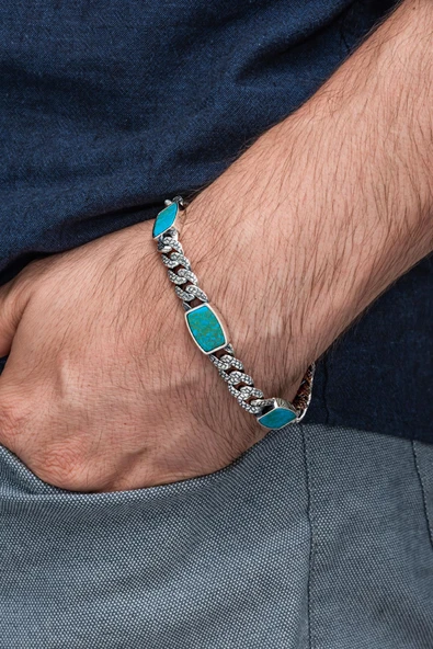 Firuze Taşlı Gurmet 925 Ayar Gümüş Erkek Bileklik Künye - 6