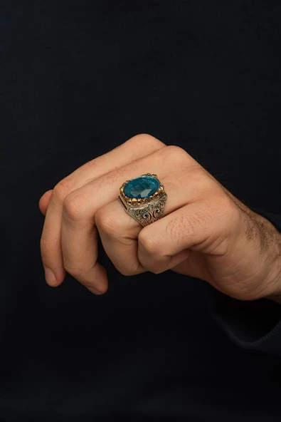 Kişiye Özel İsimli Mavi Taşlı 925 Gümüş Erkek Yüzük - Resim 3