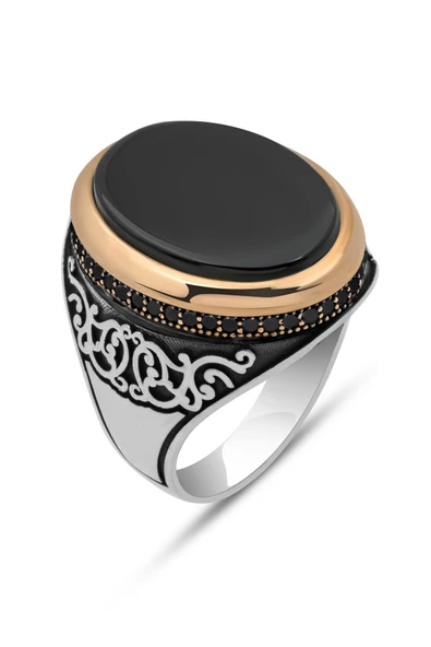 Oval Siyah Oniks Taşlı 925 Erkek Gümüş Yüzük - Resim 2
