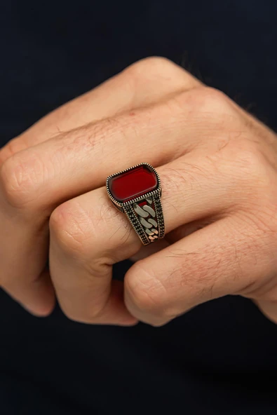 Akik Taşlı Gurmet Zincir Motifli 925 Erkek Gümüş Yüzük ürün görseli