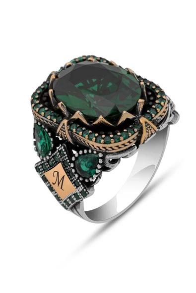 Yeşil Taşlı Harfli 925 Erkek Gümüş Yüzük - Resim 2