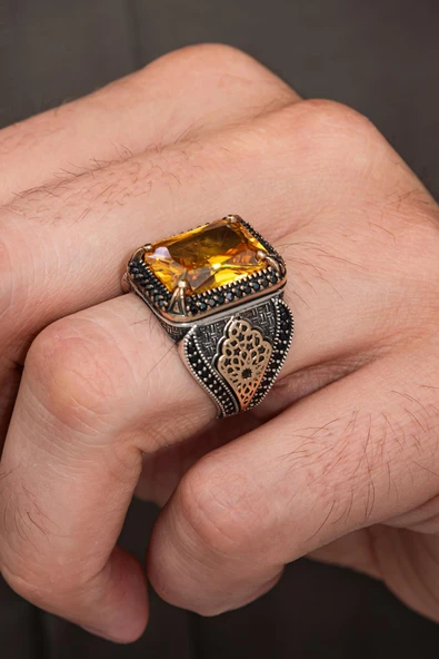 Sarı Zirkon Taşlı 925 Erkek Gümüş Yüzük - Resim 2