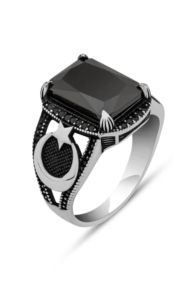 Siyah Taşlı Ayyıldız Motifli 925 Erkek Gümüş Yüzük - Resim 2