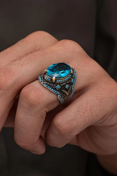 Oval Aqua Mavi Taşlı 925 Erkek Gümüş Yüzük - Resim 4