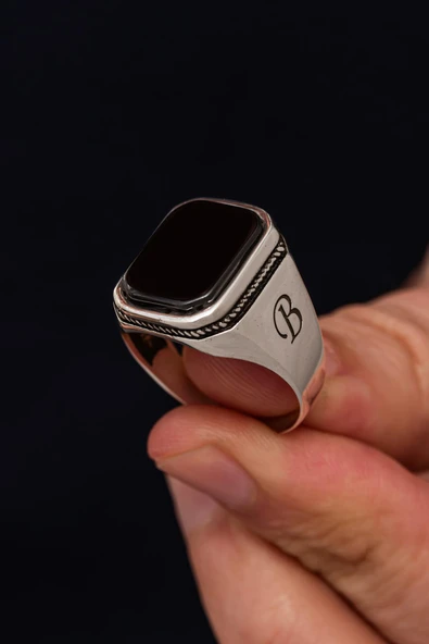 Siyah Oniks Taşlı Harfli 925 Erkek Gümüş Yüzük - Resim 5