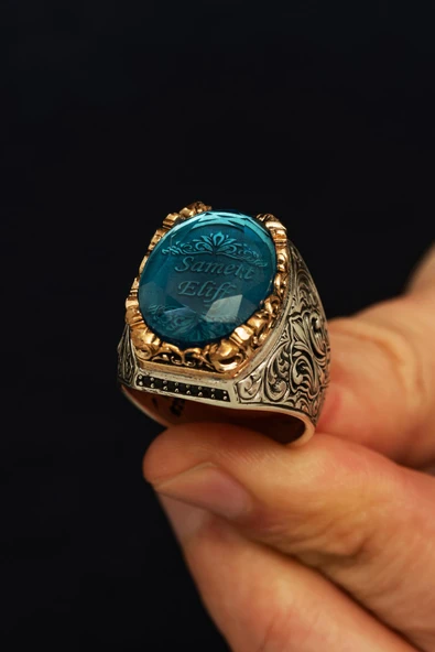 Kişiye Özel İsimli Mavi Taşlı 925 Gümüş Erkek Yüzük - Resim 8