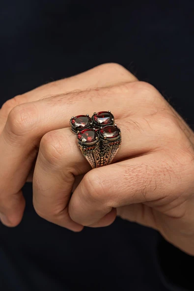 Kırmızı 4 Taşlı 925 Erkek Gümüş Yüzük ürün görseli