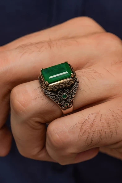 Yeşil Paraiba Taşlı Kare 925 Gümüş Erkek Yüzük ürün görseli