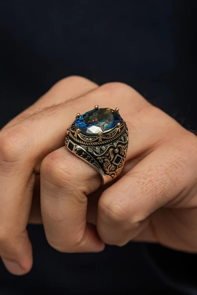 Oval Mistik Topaz Taşlı 925 Erkek Gümüş Yüzük - Resim 4