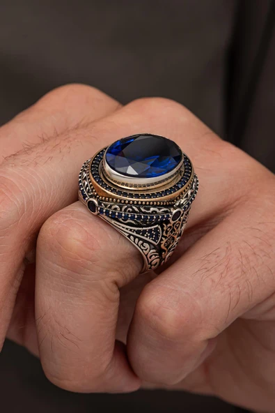 Oval Lacivert Taşlı 925 Erkek Gümüş Yüzük - Resim 4