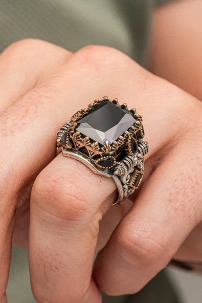 Siyah Zirkon Taşlı 925 Erkek Gümüş Yüzük - Resim 3