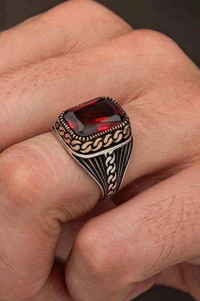 Kırmızı Kare Zirkon Taşlı 925 Erkek Gümüş Yüzük - Resim 4