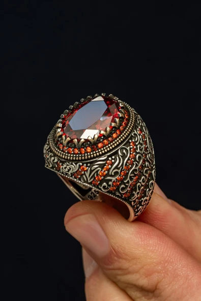 Oval Kırmızı Taşlı 925 Erkek Gümüş Yüzük - Resim 5