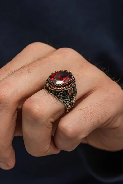 Kırmızı Taşlı Oval 925 Erkek Gümüş Yüzük - Resim 3