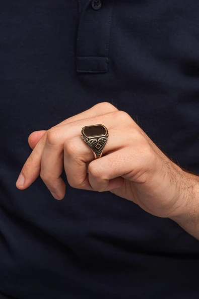 Siyah Oniks Taşlı 925 Erkek Gümüş Yüzük - Resim 5