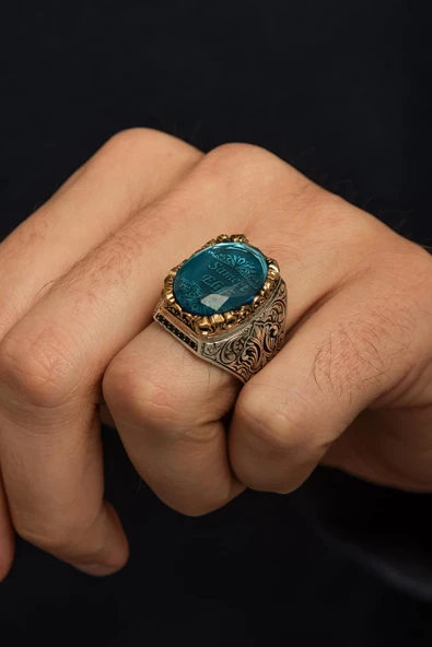 Kişiye Özel İsimli Mavi Taşlı 925 Gümüş Erkek Yüzük - Resim 5