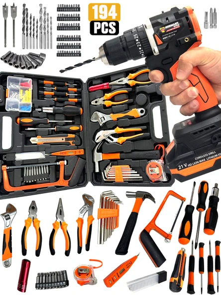 Germany Style Full Set 190 Parça Pense Tornavida Fortpense  Çekiç Testere Matkap Vidalama Seti