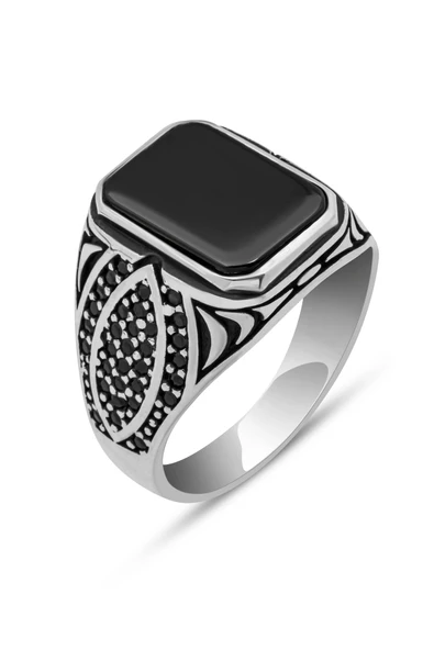 Siyah Oniks Taşlı 925 Gümüş Erkek Yüzük - Resim 2
