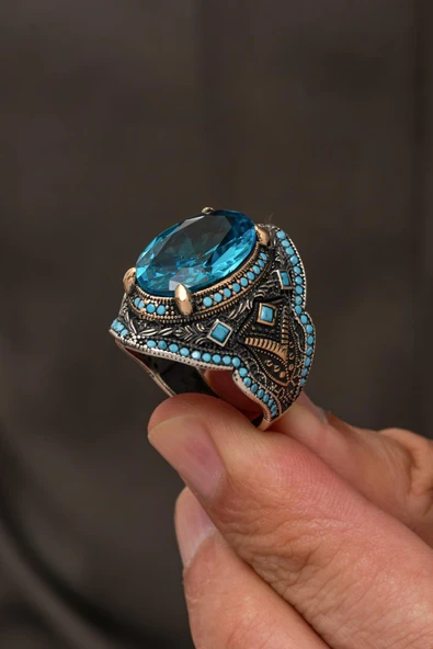 Oval Aqua Mavi Taşlı 925 Erkek Gümüş Yüzük ürün görseli