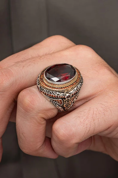 Oval Kırmızı Taşlı 925 Erkek Gümüş Yüzük - 1
