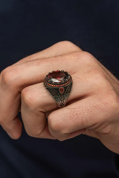 Kırmızı Taşlı Oval 925 Erkek Gümüş Yüzük - Resim 4