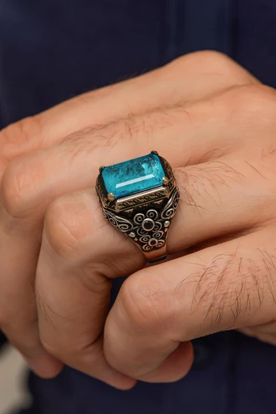 Mavi  Paraiba Taşlı Kare 925 Gümüş Erkek Yüzük ürün görseli