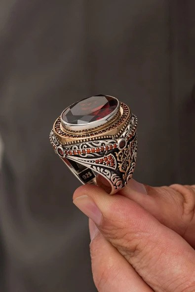 Oval Kırmızı Taşlı 925 Erkek Gümüş Yüzük - 4