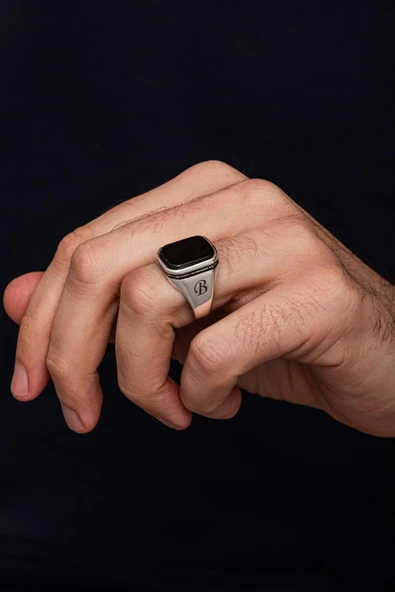Siyah Oniks Taşlı Harfli 925 Erkek Gümüş Yüzük - Resim 3